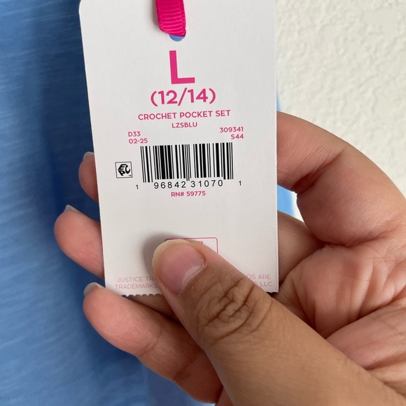 Justice Girls 2 pc Blue Crochet Pocket Shirt and Biker Shorts Set size L 12/14 - Picture 4 of 5